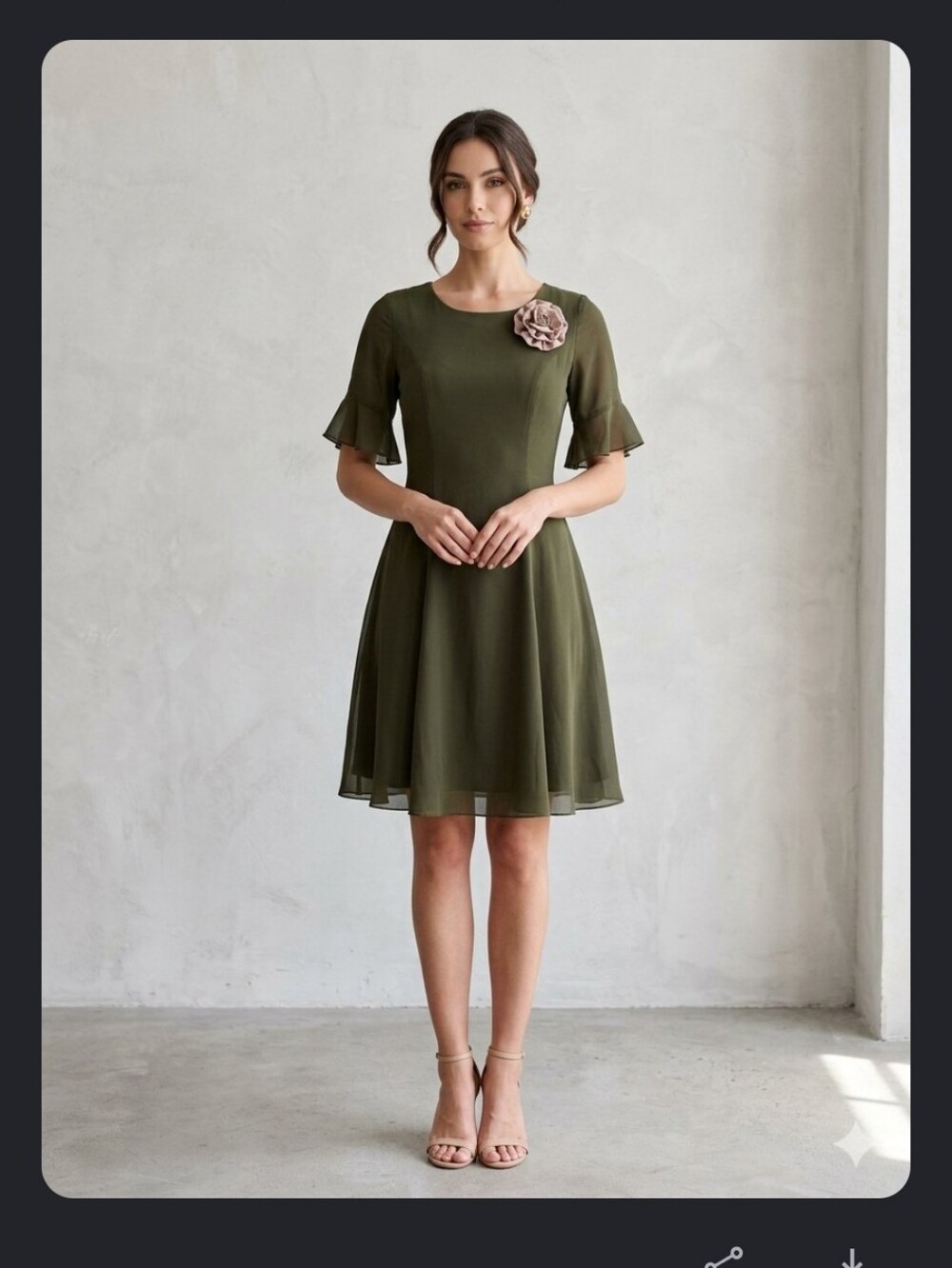 Zara Olive Green Chiffon Fit-and-Flare Dress with Floral Pin